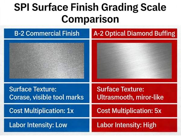 SPI surface finish grading scale comparison showing the cost multiplication and labor intensity of moving from B-2 commercial finish to A-2 optical diamond buffing SPI surface finish grading scale comparison showing the cost multiplication and labor intensity of moving from B-2 commercial finish to A-2 optical diamond buffing